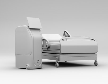 Clay rendering of medical delivery robot and bed. Infection prevention concept. 3D rendering image.