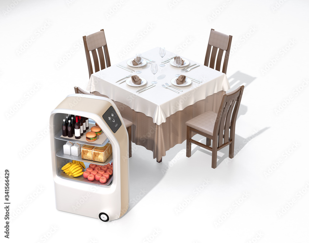 Aufkleber food delivery robot and dinner table isolated on white background. touchless service concept. 3d ren