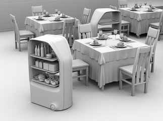 Clay rendering of food delivery robots working in a restaurant. Touchless service concept. 3D rendering image. 