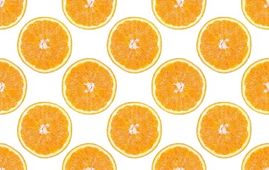 Seamless pattern of isolated slices of orange. Wallpaper for background, design and packaging.