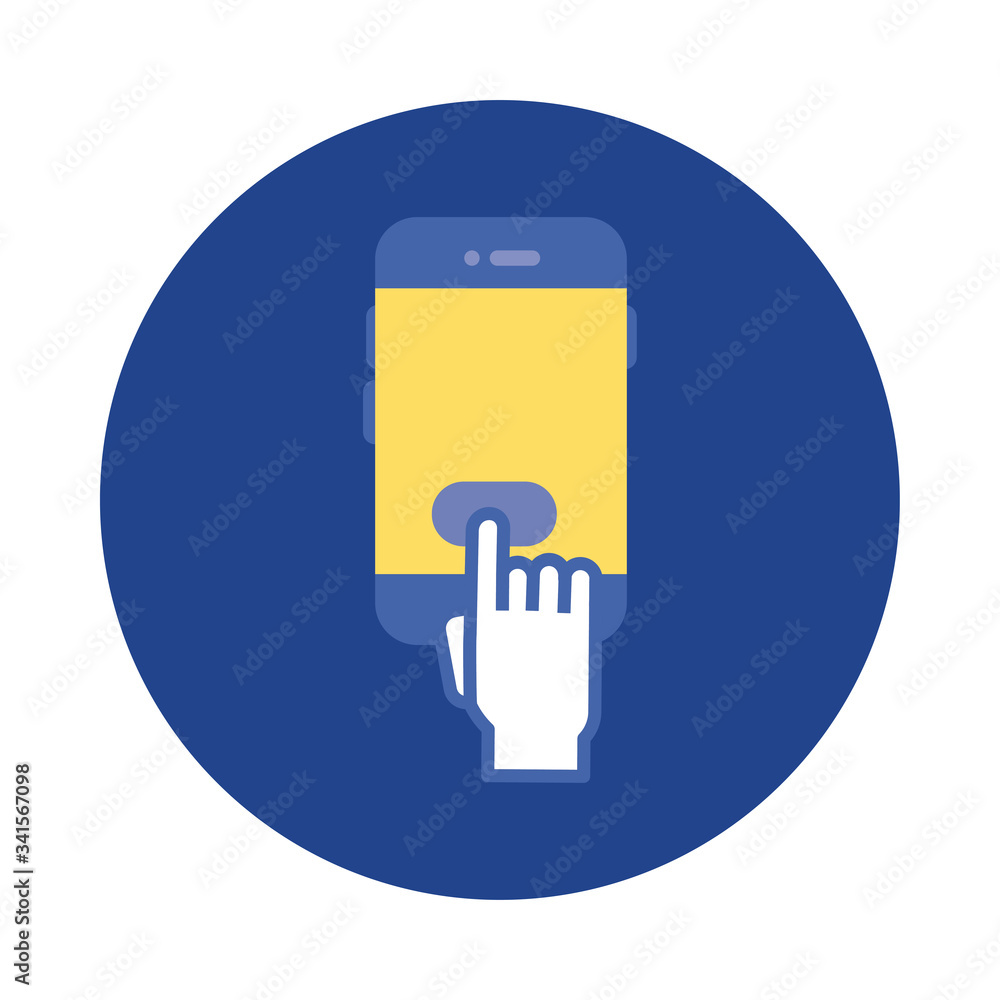 Poster smartphone with hand cursor block and flat style icon