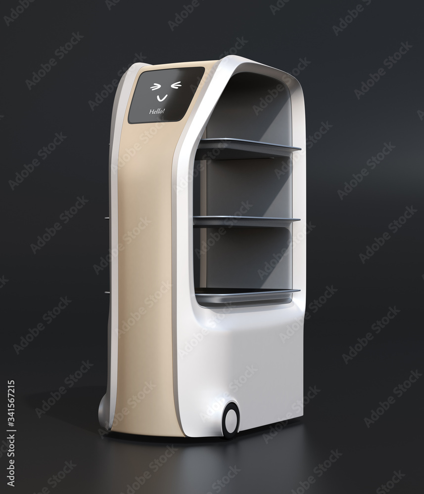 Aufkleber food delivery robot on black background. touch screen showing smile emotion icon. 3d rendering image