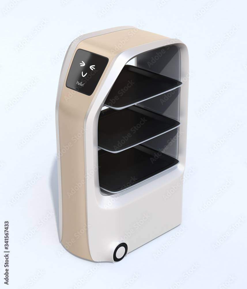 Poster food delivery robot isolated on white background. touch screen showing smile emotion icon. 3d render
