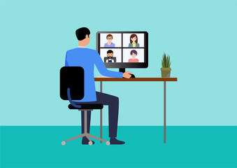 Online video call vector illustration. Start webinar meeting with team during the lock down. People are joining video call from any ware with technology. Continue work with technology like zoom call.