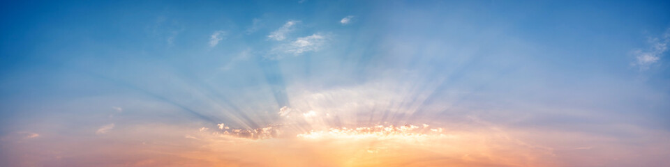 Panorama of Dramatic vibrant color with beautiful cloud of sunrise and sunset. Panoramic image.