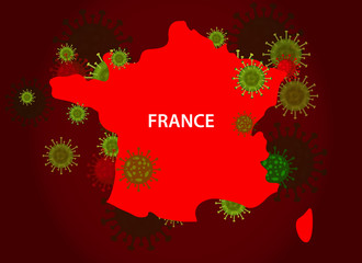 France map with covid-19 virus concept. Coronavirus is spread to all over the world and infected to countries. Vector illustration of red map design with influenza virus. Covid 19 France map.
