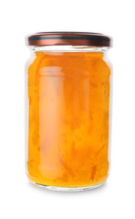 Jar of orange jam on white background