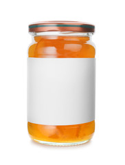 Fototapeta na wymiar Jar of orange jam on white background