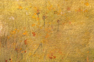 Abstract art background light yellow and orange colors. Watercolor painting on canvas with red stains and gradient.