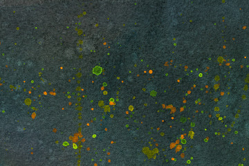 Abstract art background dark green and gray colors. Watercolor painting on canvas with green and orange stains.