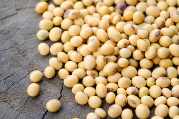 Close up of soy beans dry on wood ground