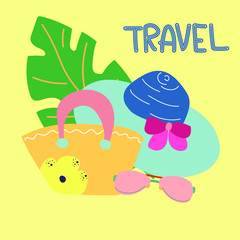 Fototapeta premium Hand drawn color banner with text travel. Summer hat, bag, sunglasses and tropic leaf. 