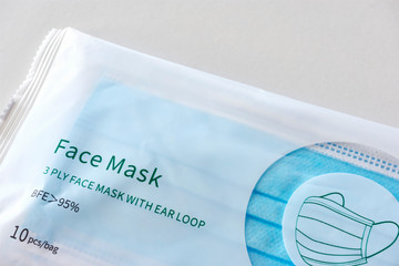 A plastic package with 3 ply disposable breathing face masks with ear loop.