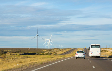 Puerto Madryn, Argentina, bus on the highway.
 There are many kilometers of beautiful roads in the...