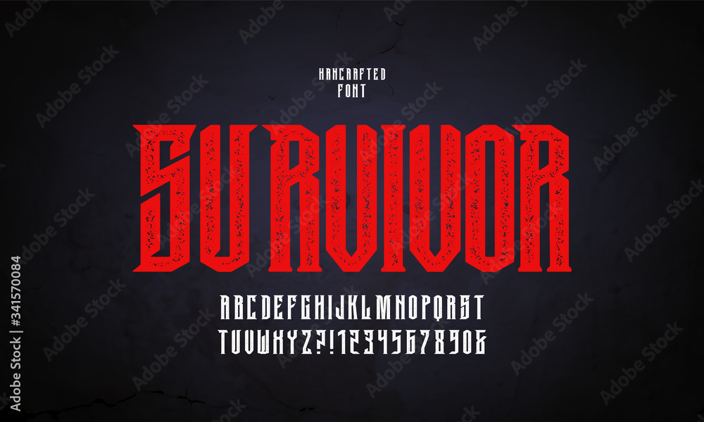 Poster vintage handmade, worn font and alphabet. a gothic-style font on a dark textural background. vector 