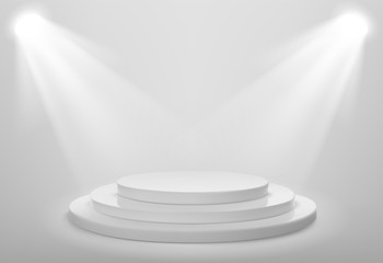 Realistic white stage podium. Round winner pedestal. Illuminated place with spotlight. 3d empty platform. Vector illiustration.