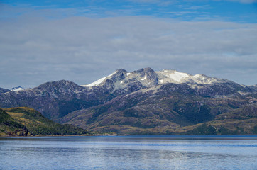 Breathtaking panoramic view of mountains and glaciers along Beagle Channel in Glacier Alley...
