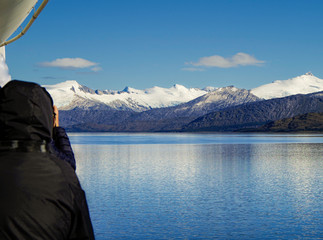 Breathtaking panoramic view of mountains and glaciers along Beagle Channel in Glacier Alley...