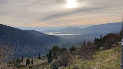 panorama of sunrise in Delphi Greece in winter