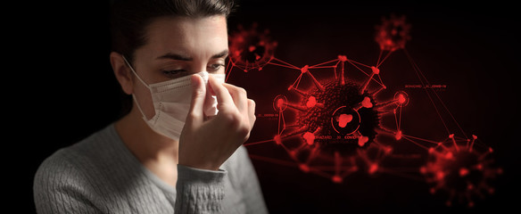health protection, safety and pandemic concept - sick young woman adjusting protective medical face...