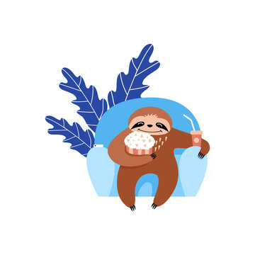 Sloth watchig movie. Cute cartoon animal with popcorn and lemonade in front of the tv. Flat vector illustration.