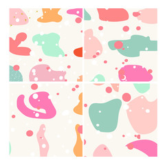 Four Abstract Backgrounds Pastel Colors. Hand drawn various shapes and doodle objects. Modern trendy vector illustration isolated from each other.