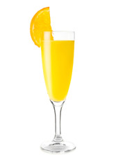 Glass of tasty mimosa cocktail on white background