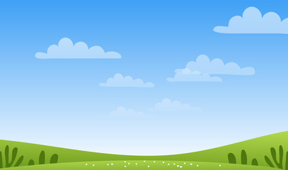 Sunny spring or summer landscape, meadows, sky with clouds, place for text. Green farm banner, concept of caring for nature and ecology. Flat cartoon vector illustration with copyspace