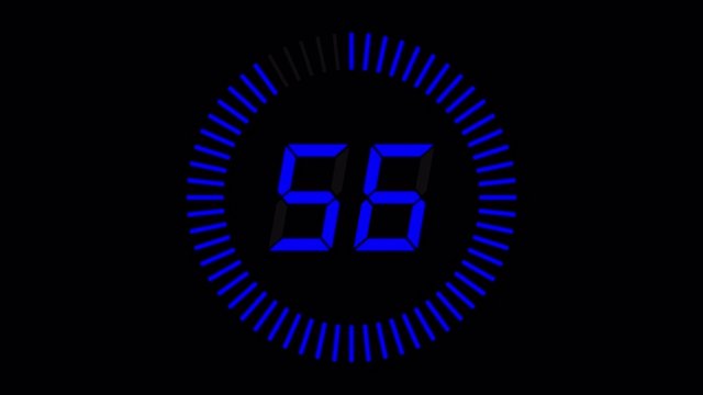 Digital countdown clock, 60 seconds with numbers and circle marking time, 30fps