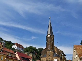 View on the citychurch and surrounding hills of Stadt Wehlen