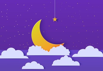 Night sky in paper cut style. Cut out 3d background with violet purple backdrop, cloud gold stars on rope and crescent papercut art. Cute origami cloudscape. Vector good night sweet dreams card.