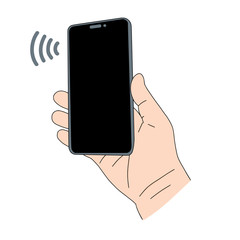 Hand with smartphone, contactless payment or mobile banking, raster illustration