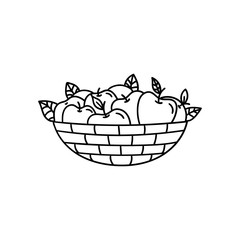 Vector doodle basket with apples. Cooking, cooking utensils, dishes, home items. Hand drawn illustration isolated on white background.