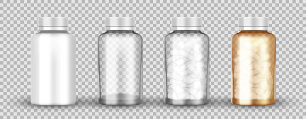 Realistic transparent medical orange pills bottle isolated. Empty, full of capsule pills plastic and glass jar. Pharmaceutical bottle product packaging mockup.