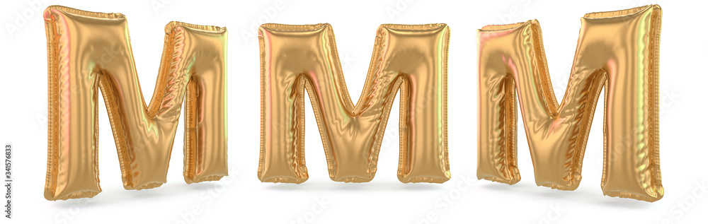 Sticker Capital letter M. Uppercase. Inflatable gold balloon on background. 3D