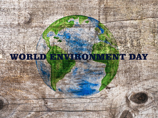 World Environment Day. Beautiful greeting card. Isolated background, close-up, view from above, wooden surface. Congratulations for relatives, friends and colleagues