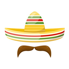 Mexican traditional straw sombrero and mustache. Vector