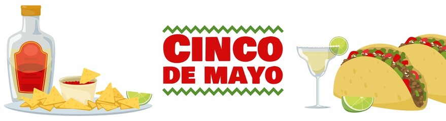 Cinco de mayo horizontal banner, mexican traditional fiesta. Tacos, nachos chips and and tequila. Vector