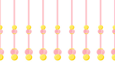 Vector seamless border pattern. Cute round tassels from bundle yarn with golden beads. Powdery pink colors, tender shades, perfect for girl room, greeting cards, celebrating. Horizontal endless border