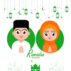 flat illustration poster ramadan design with ramadan kareem cartoon character background