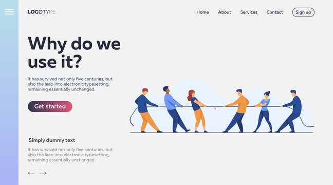 People pulling opposite ends of rope flat vector illustration. Tug of war contest between office workers. Competition challenge and confrontation concept