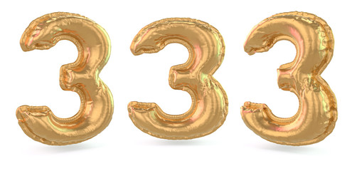 Number 3. Digital sign. Inflatable gold balloon on background. 3D