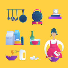 Home cooking isolated icons set. Girl in apron with blender, waffle iron, food ingredients, kitchen utensils, cookbooks and timer. Home preparing morning breakfast for family vector illustration.
