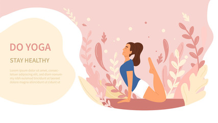 Do Yoga and Stay Healthy poster design in pink tones with a young woman working out outdoors and copy space for text, vector illustration