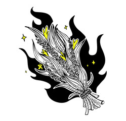 Fantastic magic occult bunch of dried herbs and flowers. Vector black and white magic unusual nature elements, isolated on white. Magic plant.