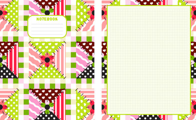 Set of vector backgrounds for school notebook, cover and blank page. Kawaii paper for handwriting letters, diary, planners, notes. Abstract illustration in patchwork, textile style. Squared version