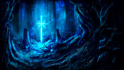 A magical winter forest, with huge trees with embossed roots, in the middle of the composition, a magic bright sword hovers in the air, emitting streams of energy . 2D illustration. © warmtail