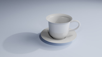 3d render illustration. White ceramic cup isolated on background. coffee and tea cup on disc.