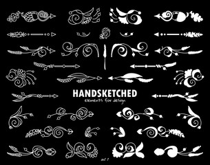 Vector set of calligraphic elements for design drawing in chalkboard style. Hand drawn cute arrows, indexes, dividers, flowers, ear of wheat elements. Ornate and silhouette options