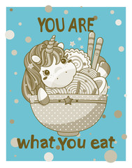 Vector kawaii illustration in vintage, retro blue and gold colors. For posters, prints in Asian food, ramen or noodles cafe or restaurant. Chibi unicorn with plate of ramen and typography inscription
